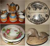 Japanese Lusterware Tea Set, Hand Painted Nippon Serving Bowl with Underplate and bowls, Sterling Overlay Divided Dish and Very Cute Signed Manatee Sculpture