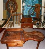 Antique Spinning Wheel Parts and Pieces, Vintage Philco Turn Table with Linear Tracking c.1939-only 1500 were produced in Box with Original Wooden Case, Antique Cobbler's Bench and Old Fishing Reels including Pflueger and Shakespeare