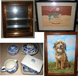 Pretty English Porcelain and Cute Paint by Number Framed Puppy