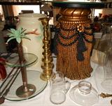 Palm Tree Tidbit Tray, Tall Brass Candle Holder, Table with Glass top in the form of Fancy Fringes