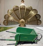 Very Nice Old Painted Wheel Barrow and Brass Folding Fan Fireplace Screen