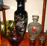 Hand Painted Czechoslovakian Decanter, Cranberry Glass and Green Glass Creamers