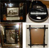 Fantastic Mirrored Glass and Metal Italian Art, Miniature Grand Piano on Stand Music Box with extra discs and Old Picture Frame