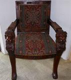 Really Beautiful Chair with Carved Lion Heads on the Arms, reupholstered