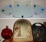 Very Attractive Mid Century Modern Footed Platter and Matching Footed Plates; Clear Glass with Colored Glass Feet. Ruby Red Glass Candy Dish, Antique Lantern and Nice Religious Picture on Wood