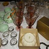 Gorgeous Lenox Rose Colored Stemmed Glassware, Silver Rimmed Stemware, Mint Green and Pink Japanese Tea set all Hallmarked and Royal Doulton Bowl in original box