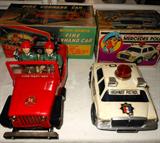 Vintage Fire Command Car with Original Box and Vintage Mercedes Police Highway Patrol Car with Original Box