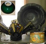 Large Wilton Pewter Platter, Antique Green Globe, Antique Tin Lithographed Bank and Arts and Crafts Style Lighting