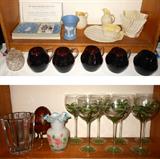 Wedgwood, Belleek, Amethyst Glass, Villeroy and Boch Vase, Cased Glass Vase with Hand Painted Flowers and Hand Painted Palm Tree Wine Glasses