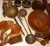 Selection of Antique Wooden Bowls and Wooden and Metal Spoons/Untensils