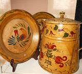 Vintage Painted Metal Pot and Painted Wooden Plates
