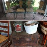 Vintage Wrought Iron Chairs, old buckets, old bait bucket and old trunk