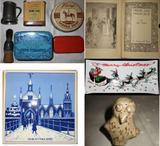 Houze Glass, Old Tins, Old Mustache Brush, Delft Tile in Original Box and Old Pride and Prejudice by Jane Austen