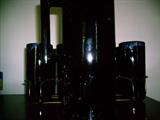 VAN BRIGGLE PITCHER AND GLASSES DARK BLUE IN COLOR INCLUDES METAL RACK FOR GLASSES