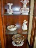 Charleton Fenton Vases, Art Glass, Silver Compote, musical porcelain angel