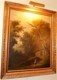 Continental school landscape with cottage and maiden.  Unsigned, restored, newer frame.  Painting 19th century