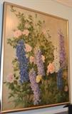 Charming painting on board of delphinium and roses.