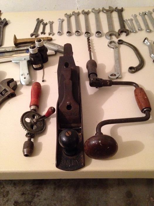Vintage Hand Tools.Stanley Wood Plane, Egg Beater Drill, Hand Drill