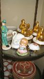 Royal Worchester Gold Egg Cup servetts, Demetasse with plates and many figures or people, bird and floral.