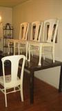 Four Shabby-Chic Claw-foot Original Walnut-painted white Arch-back upholstery bottom chairs. Their are 2 additional chairs in original wood besides these.
