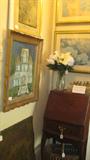 Small Drop Burlwood leaf Dark Finish single drawer writing desk. Unique paintings, Decroupage and prints.