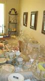 The Crystal Sea of lovely serving pieces, trays, relish, vases, Decanters and accroutrements. Franciscan, Desert Rose pattern dishes and linens. China from Japan.