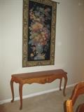 Ethan Allen Wood Side Table. Romantic Taj Tapestry.