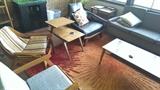 Drexel profile tables (4 of them), Milo Baughman Sofa, Pearsall chair, Jerry Johnson Sling chair.