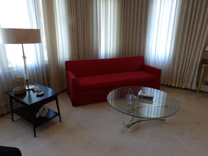 Red Marden Sofa - Pre-Sale $500,                              Hollis James style Glass & Brass Lucite Cocktail/Coffee table Pre-Sale $350,                        Paul McCobb End Table