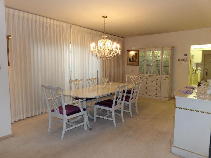 Dining Room Table with Leaves, 2 Arm Chairs, 4 Side Chairs, China Cabinet. Buffet, Artwork, Venetian Glass Chandelier