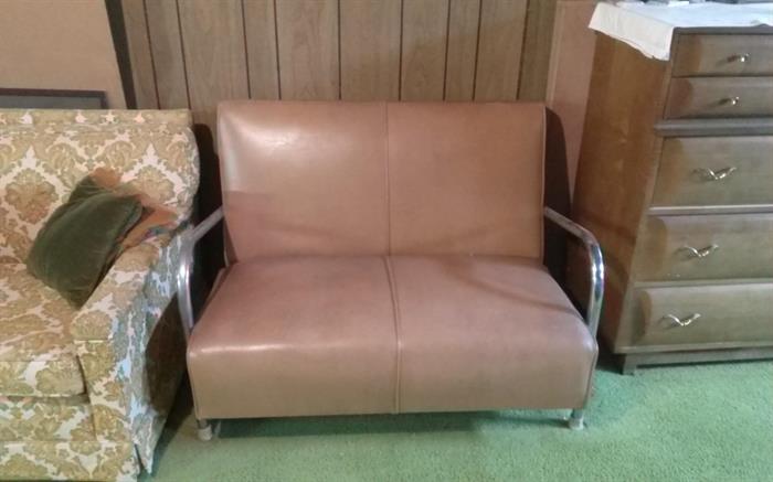 Mid Century Modern leather and chrome loveseat