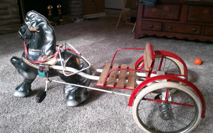 Mobo tin toy peddle cart with horse