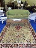 Green velvet Sheraton style sofa, 6x9 rug, wicker chairs