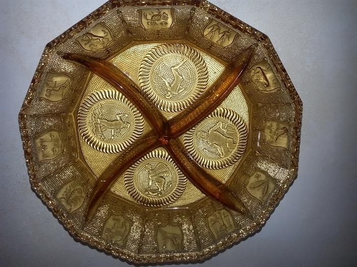 Amber glass - divided dish - with zodiac signs
