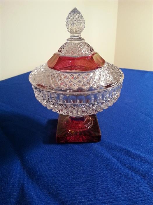 Clear and Cranberry glass candy dish