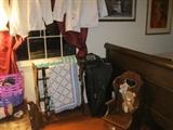 Wood quilt rack and vintage child chair