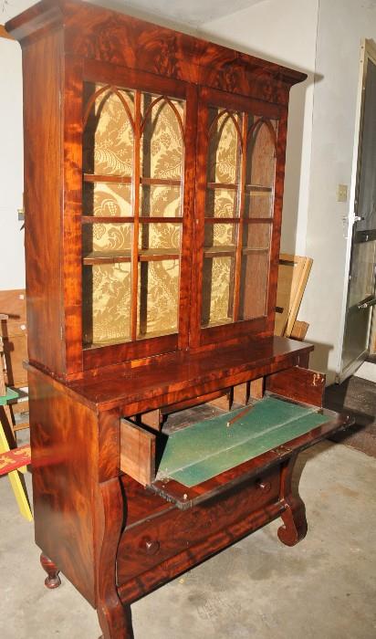 American Empire Mahogany Step-Back Cupboard
Heavily Figured Mahogany 
Top Glass Doors with Gothic Style Stiles 
Top Drawer is a Drop Front Desk 
