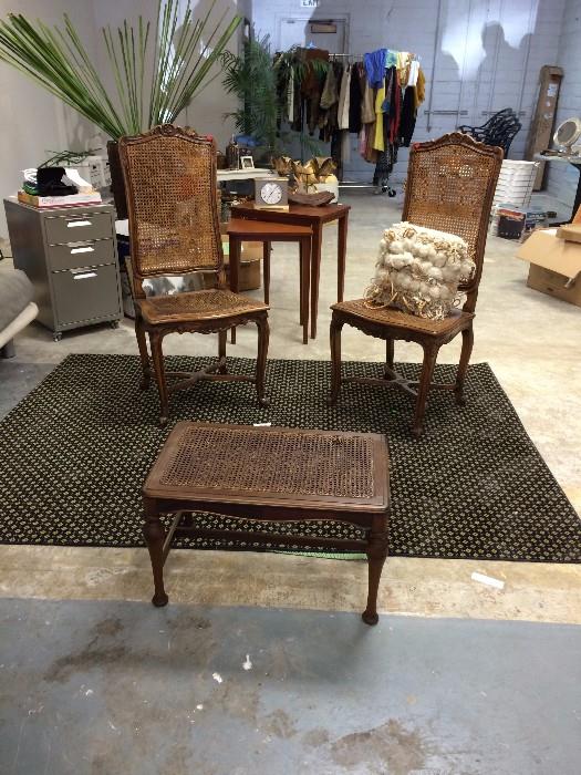 Cane back chairs and bench - new rug - just dusty! 