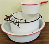 Red & White Enamel Pans, Primitives, Furniture, Toys, Tools, Go To Our Web Site Link at Top of Listing for 400+ Photos.