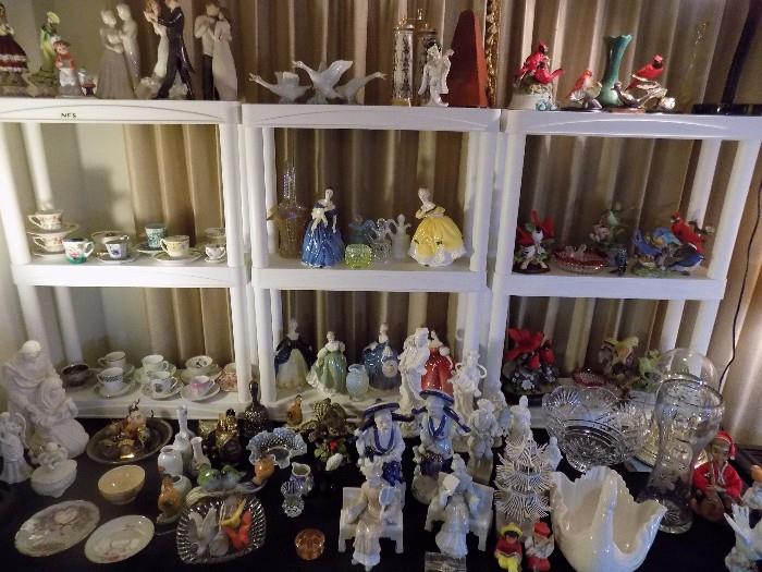 Royal Doulton ladies, Lenox birds, Blanc de Chine figures, demitasse cup/saucers, Lladro geese, crystal, and more