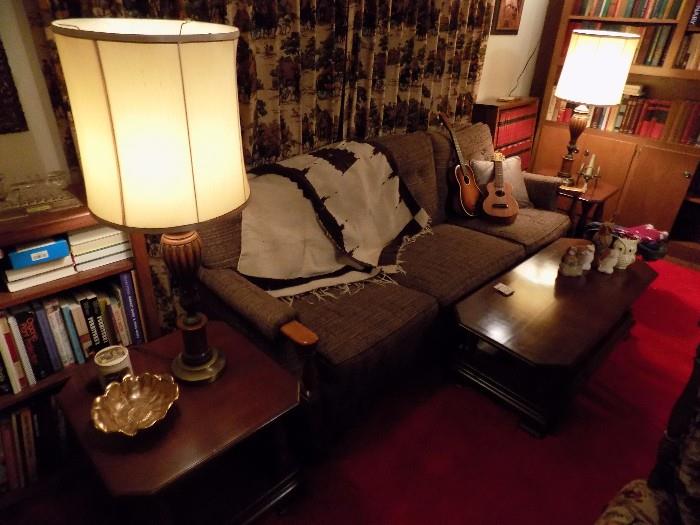 den sofa, end tables, and coffee table with matching lamps