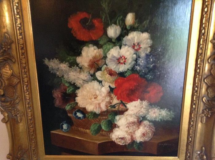Original Oil on Cavas "Flowers", beautifully framed on a gold gilt carved wooden frame