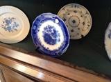 Flow Blue Dish and other Blue and White pieces