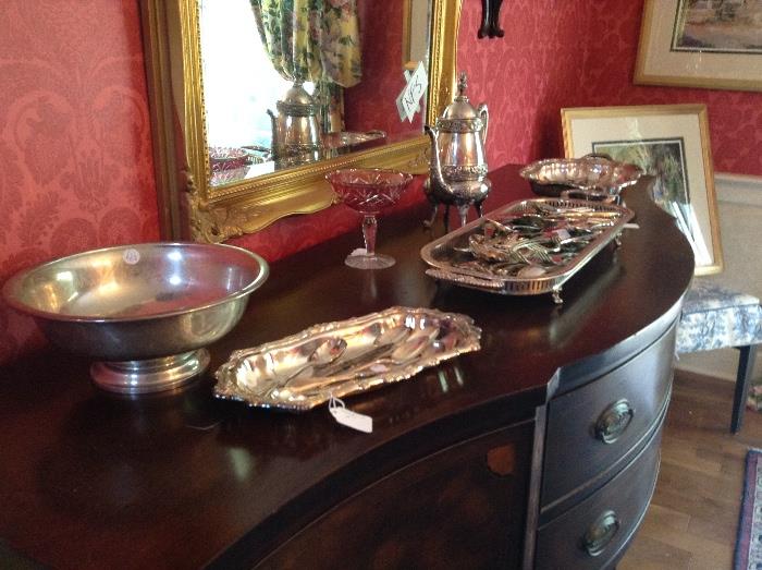 Sterling Silver Bowl, Cranberry Glass, Kittinger Side Board