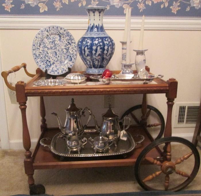 Serving cart with blue & white pottery items