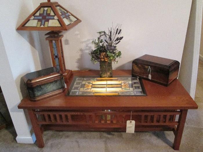 Mission style solid oak coffee table with stained glass insert, misc. storage boxes, Mission style lamp
