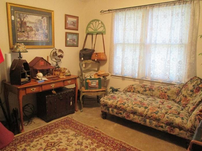 Fainting couch, French Country style arm chair, fishing creel baskets, etc