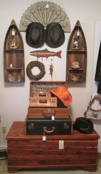 Vintage cedar trunk, Hartmann leather suitcase, vintage suitcase, leather hats 