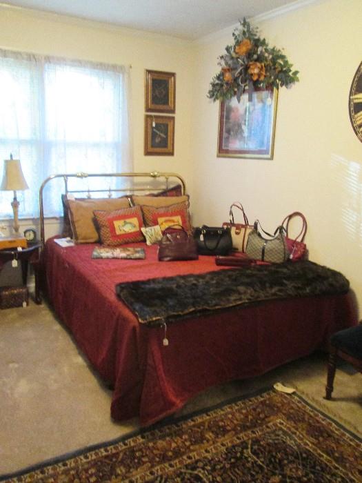 Queen brass bed, Bassett bed spread set, faux fur throw, MORE Purses...these are Aigner
