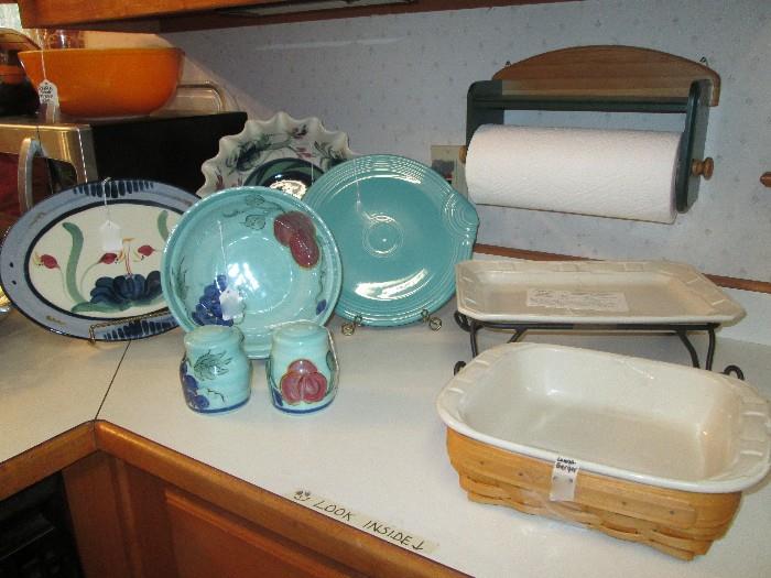 Gail Pittman pottery & Longaberger casserole in basket & tray on stand